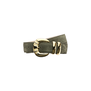 The Yarros Belt, made from luxurious Italian suede in a deep green shade, showcases a bold gold-plated buckle and two coordinating gold belt loops, all set against a simple white background.