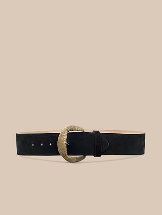 The Roden Suede Belt, featuring a large, round textured gold-plated buckle, is displayed against a plain beige background.