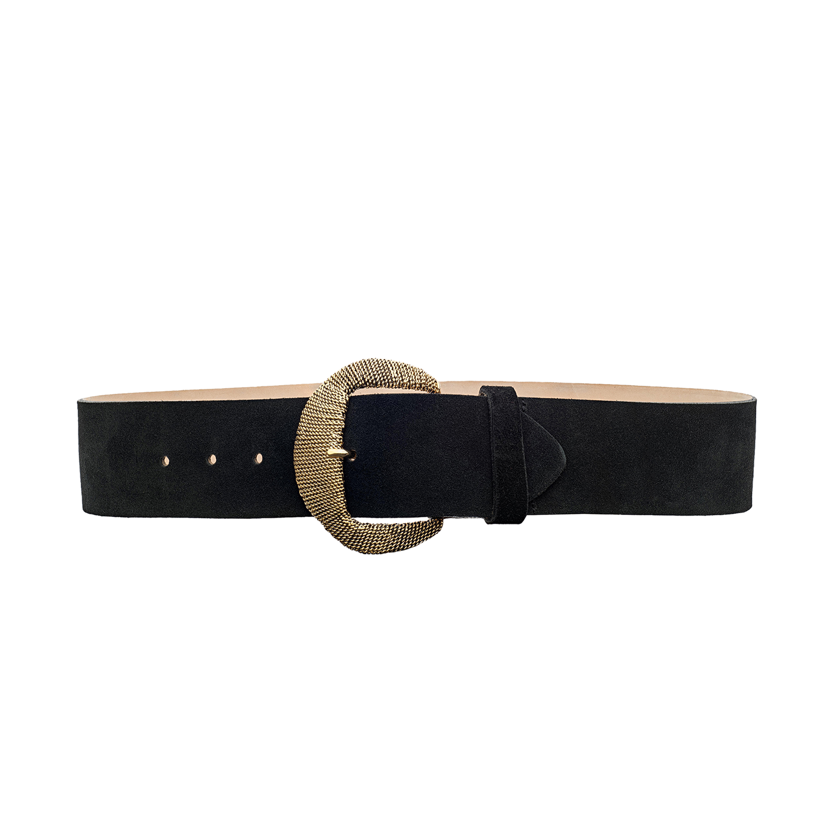 The Roden Suede Belt is a wide black suede accessory featuring a large, round, textured gold-plated buckle, displayed against a plain white background.