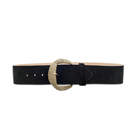 The Roden Suede Belt is a wide black suede accessory featuring a large, round, textured gold-plated buckle, displayed against a plain white background.