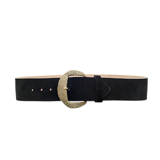 The Roden Suede Belt is a wide black suede accessory featuring a large, round, textured gold-plated buckle, displayed against a plain white background.