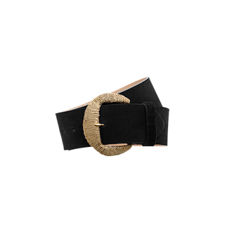 Roden Suede Belt in wide black Italian leather, featuring a large, textured gold-plated oval buckle, displayed on a plain white background.