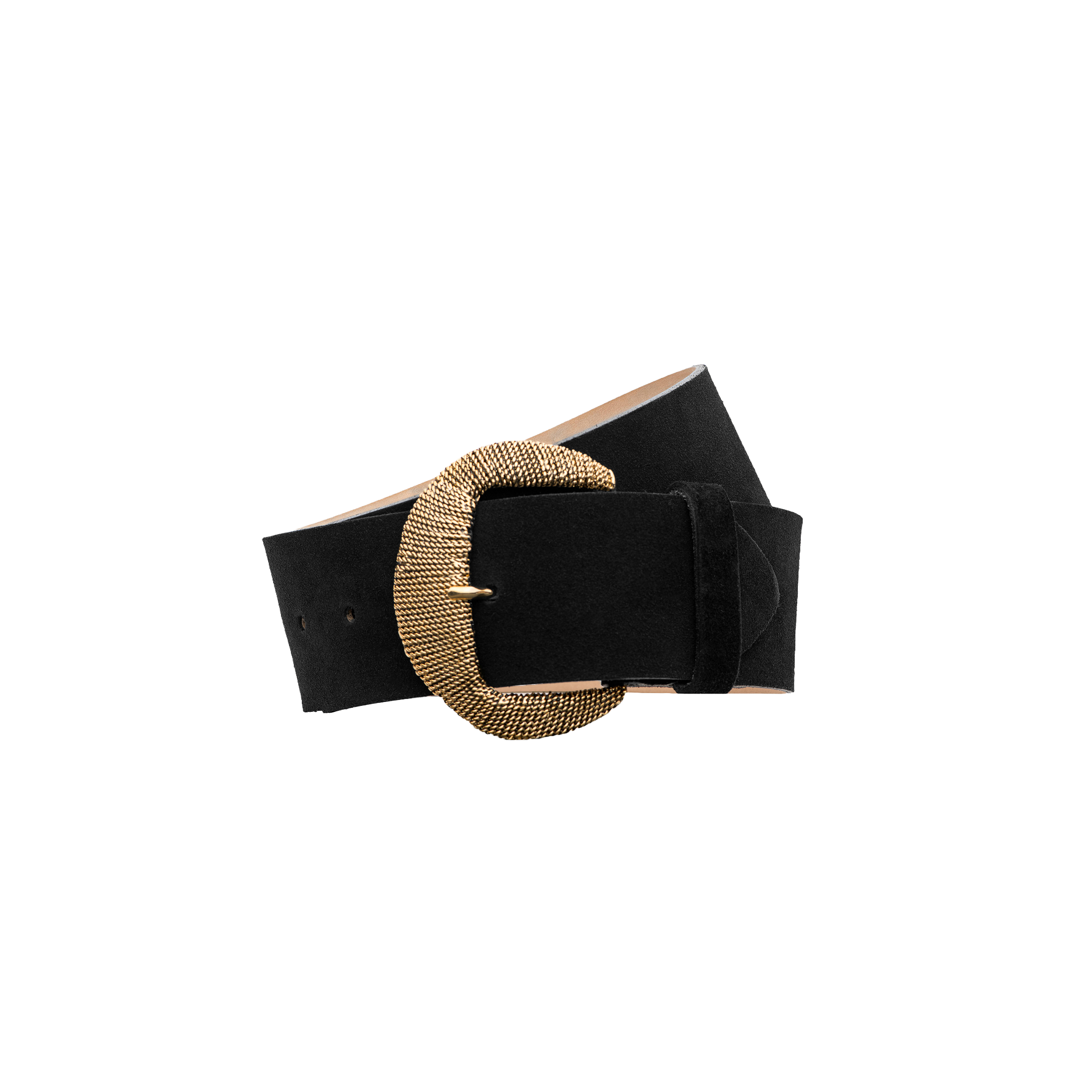 Roden Suede Belt in wide black Italian leather, featuring a large, textured gold-plated oval buckle, displayed on a plain white background.