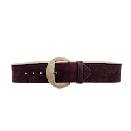 The Roden Suede Belt, crafted from Italian leather in wide, dark burgundy suede, features a large textured gold oval buckle and is displayed on a plain white background.