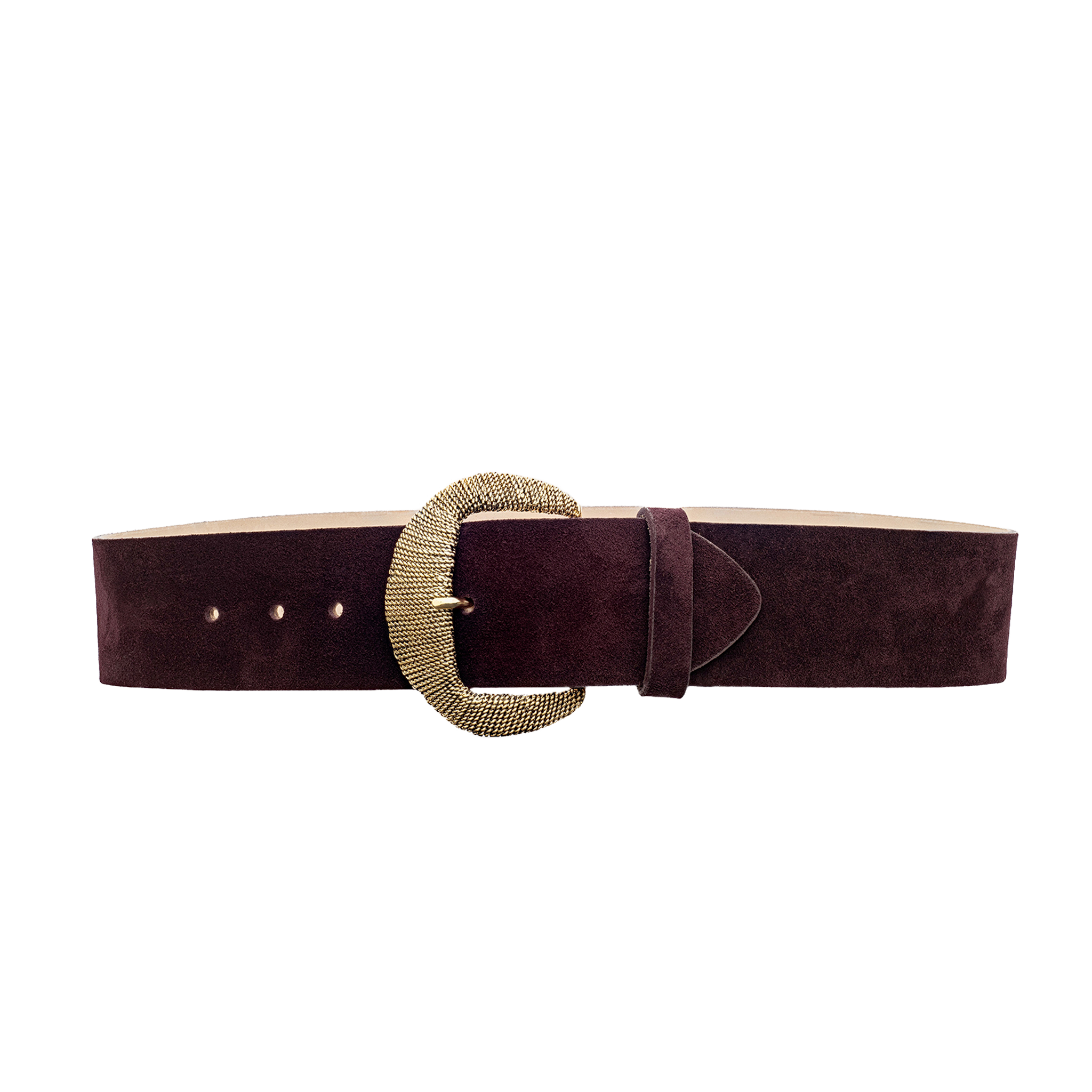 The Roden Suede Belt, crafted from Italian leather in wide, dark burgundy suede, features a large textured gold oval buckle and is displayed on a plain white background.