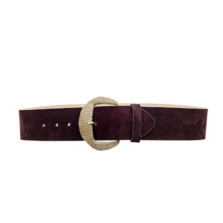 The Roden Suede Belt, made from luxurious Italian leather in wide dark burgundy suede, features a large oval-shaped textured gold buckle and three adjustment holes. It is displayed against a plain white background.