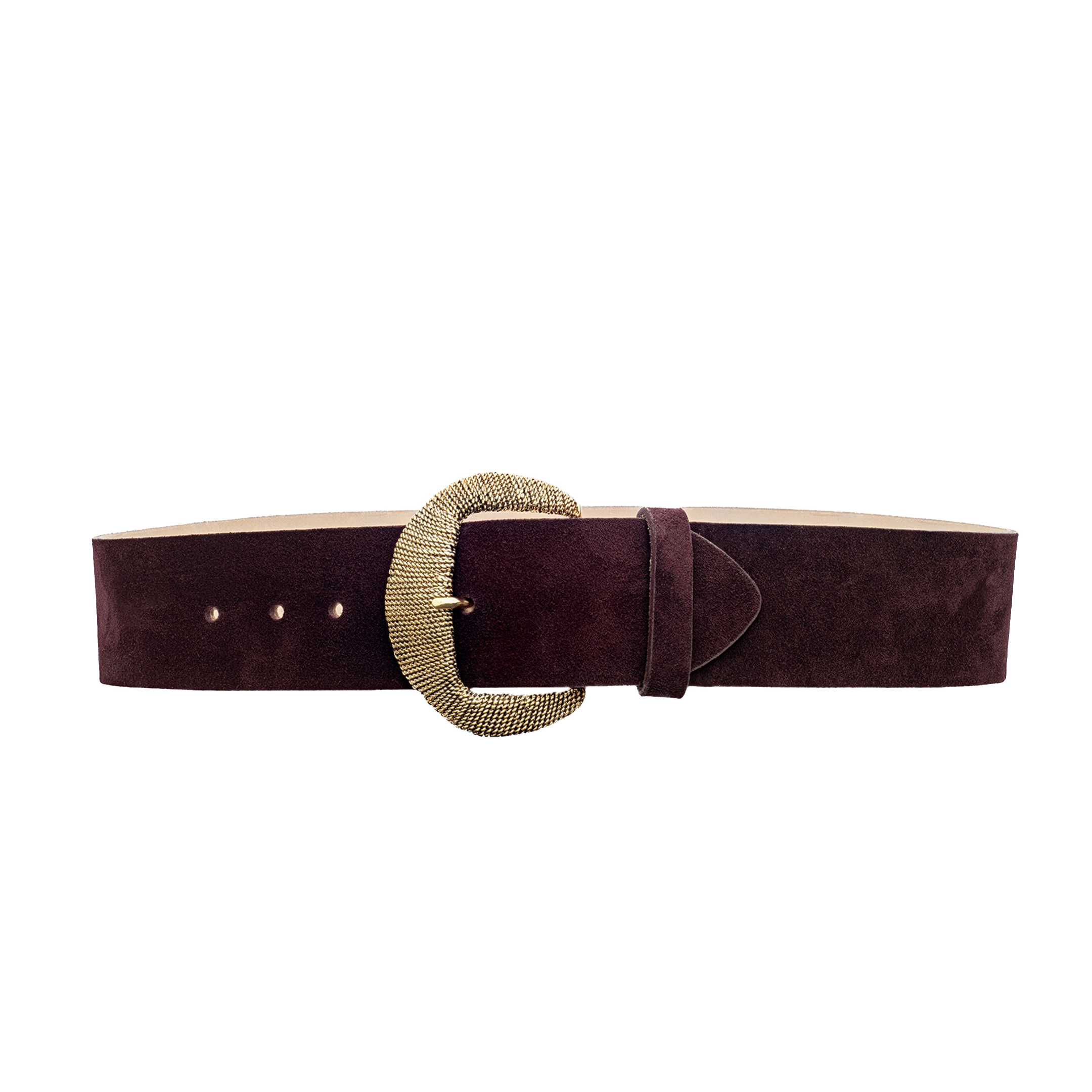 The Roden Suede Belt, crafted from Italian leather in wide, dark burgundy suede, features a large textured gold oval buckle and is displayed on a plain white background.