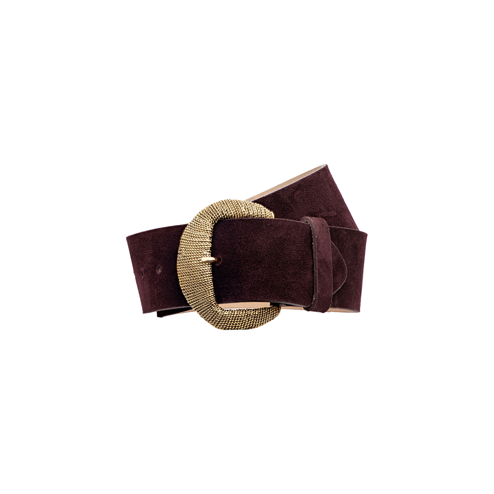 The Roden Suede Belt is a wide, dark brown accessory crafted from luxurious Italian suede and features a large, oval-shaped, textured gold buckle, displayed against a plain white background.