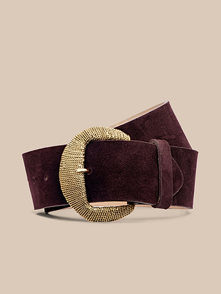 The Roden Suede Belt, featuring a wide dark brown suede strap and a large textured gold-plated buckle, is coiled on a beige background.