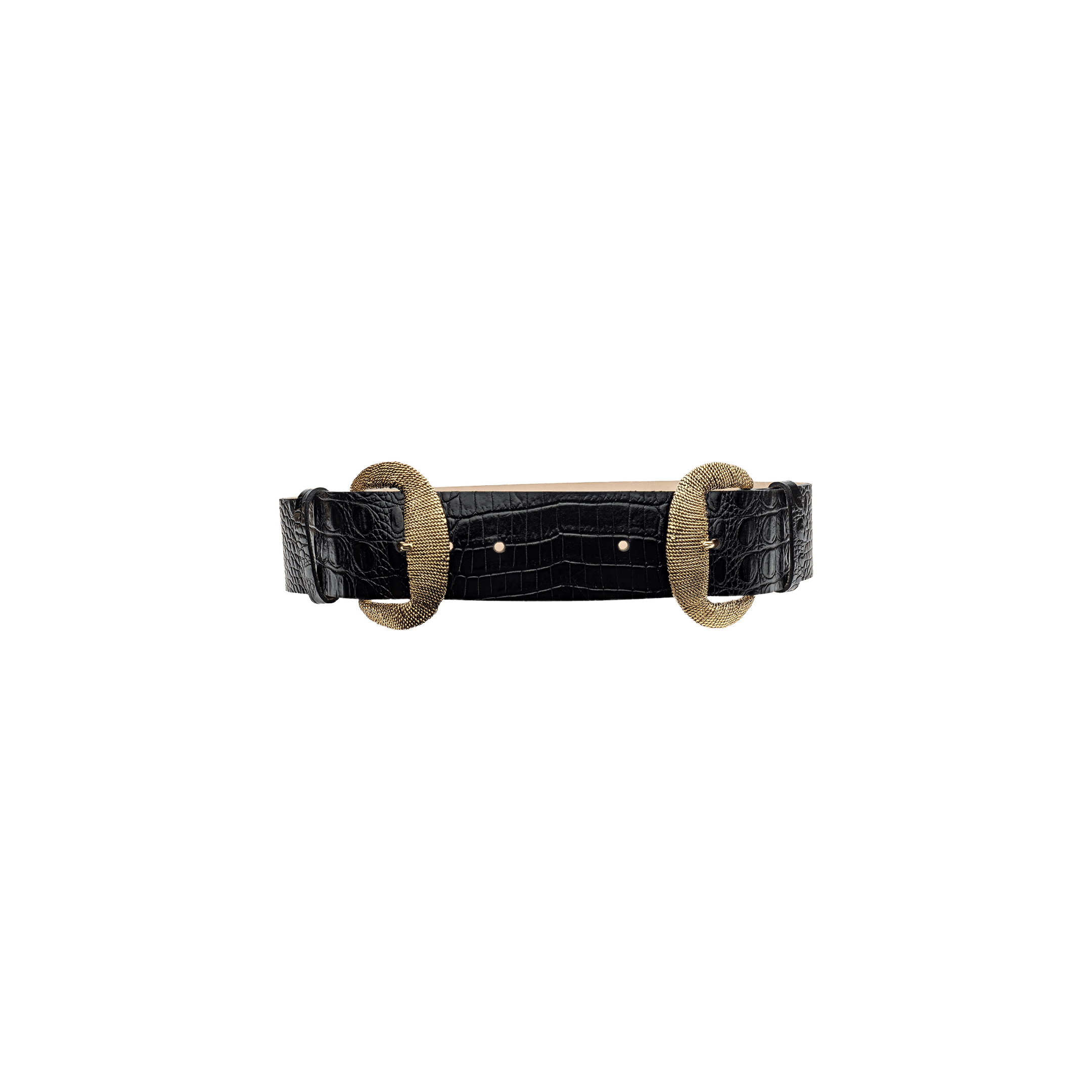 The Rooney Leather Belt, crafted from handcrafted Italian leather with a black crocodile print, features two round gold-plated buckles on each side and is displayed against a plain white background.