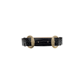 The Rooney Leather Belt, crafted from black textured Italian leather, features two round gold-plated buckles on each end and is displayed horizontally against a plain white background.