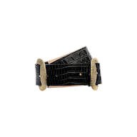The Rooney Leather Belt, handcrafted from Italian leather in a black crocodile print and featuring elegant oval gold-plated buckles at each end, is displayed against a plain white background.