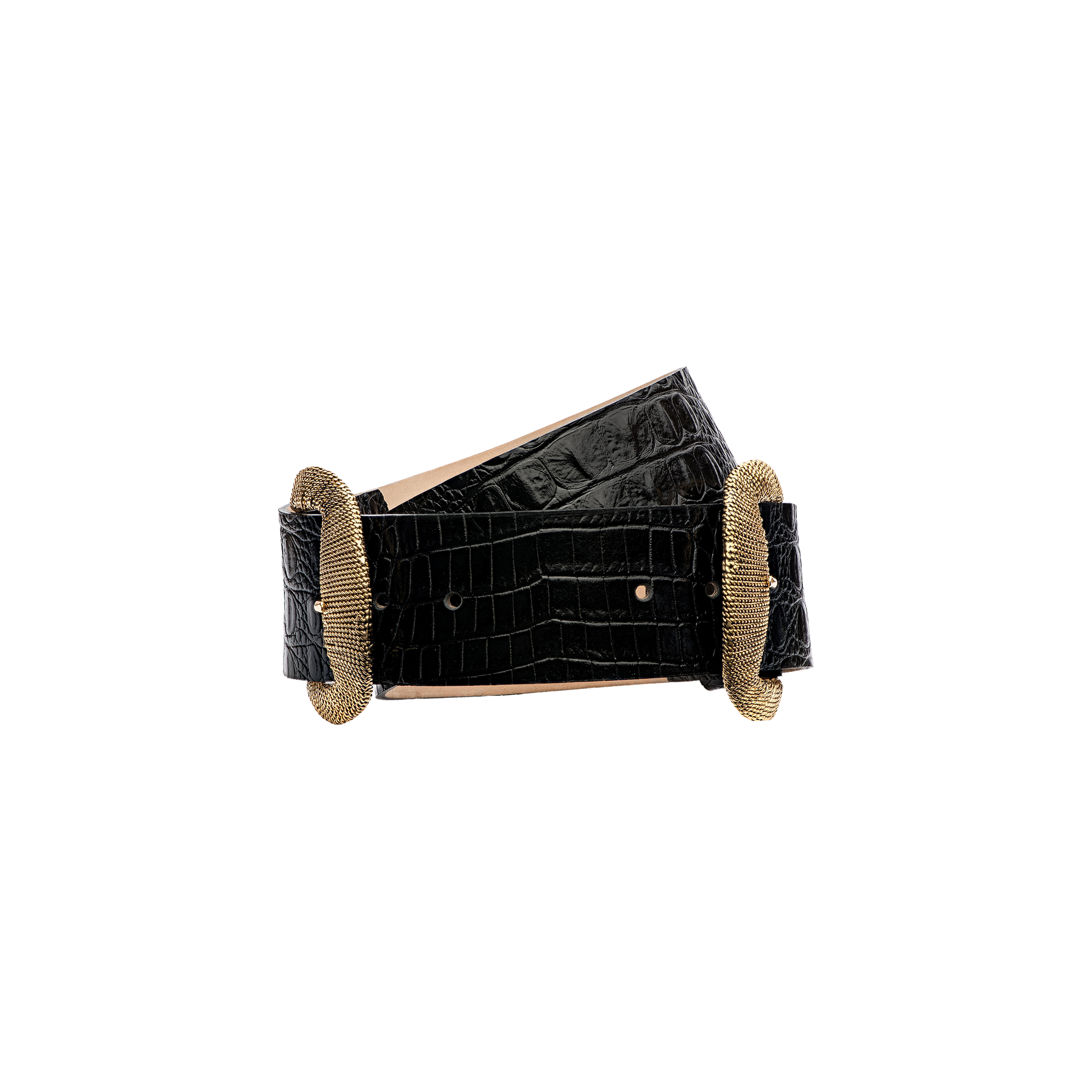 The Rooney Leather Belt, handcrafted from Italian leather in a black crocodile print and featuring elegant oval gold-plated buckles at each end, is displayed against a plain white background.