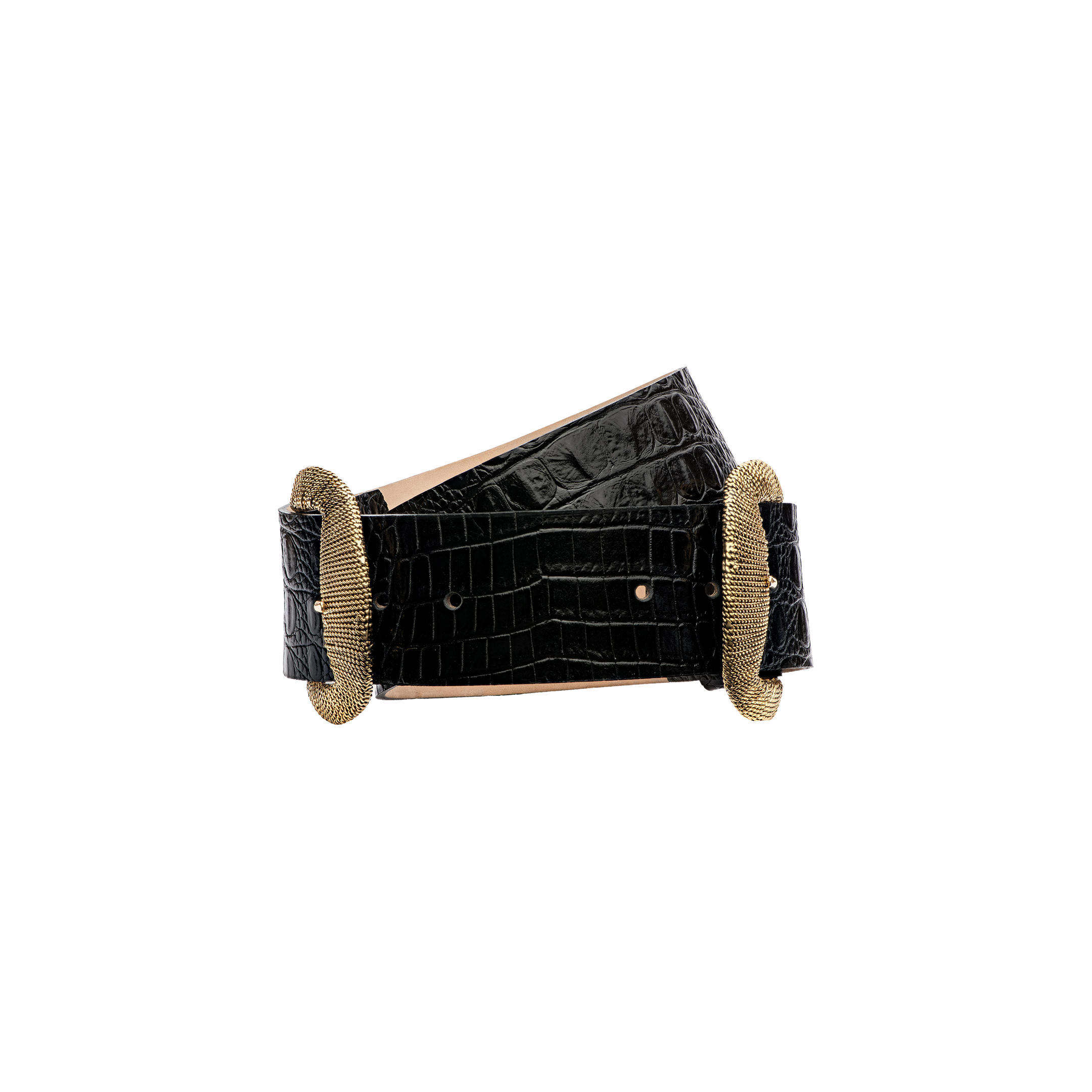 The Rooney Leather Belt, handcrafted from Italian leather in a black crocodile print and featuring elegant oval gold-plated buckles at each end, is displayed against a plain white background.
