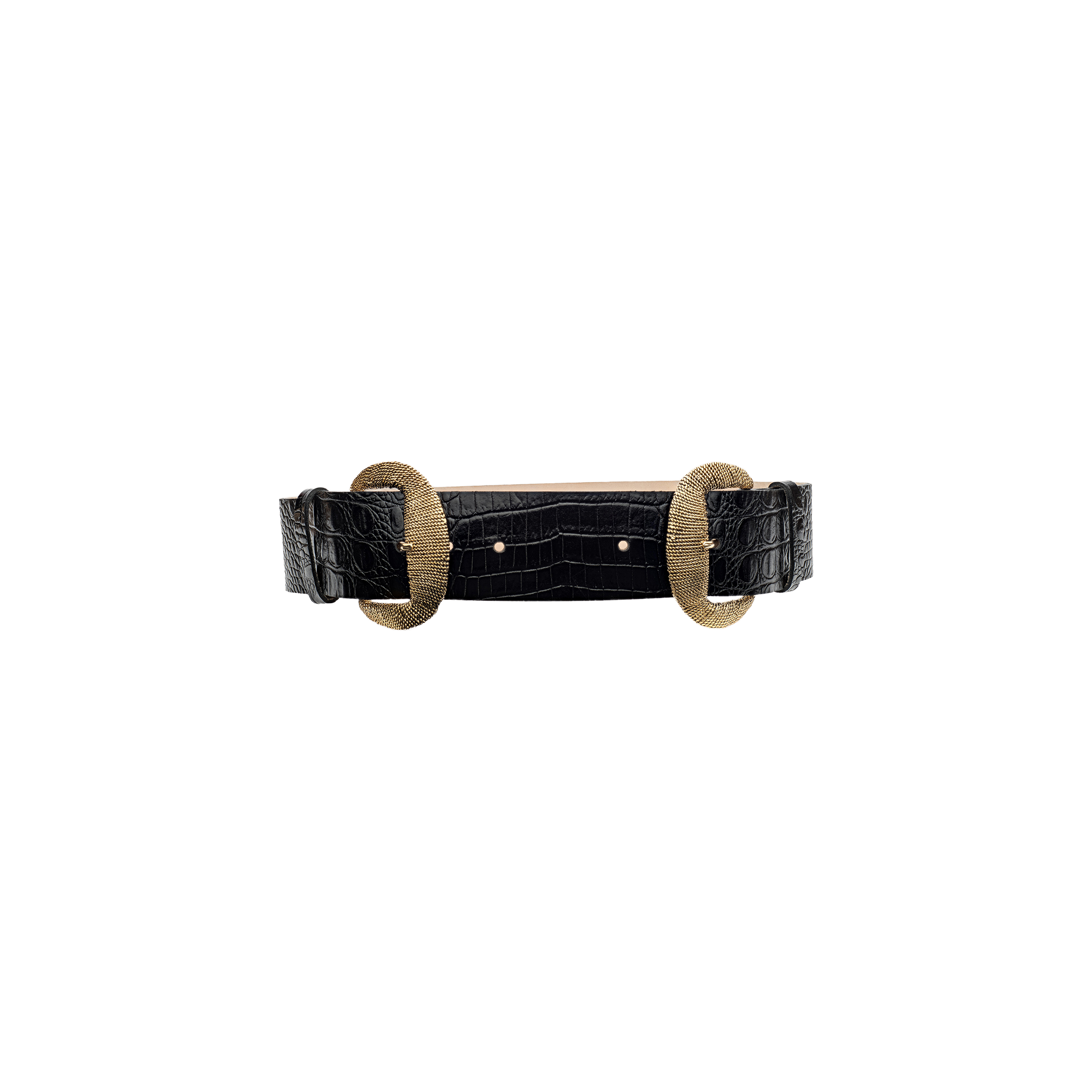 The Rooney Leather Belt, handcrafted from Italian leather with a subtle crocodile print and finished in black, features two large, round gold-plated buckles at each end and is displayed against a plain white background.