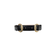 The Rooney Leather Belt, handcrafted from Italian leather with a subtle crocodile print and finished in black, features two large, round gold-plated buckles at each end and is displayed against a plain white background.