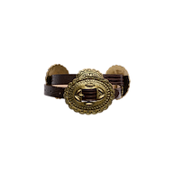 Rocha Leather Belt in dark brown lizard-embossed leather featuring an ornate, large oval brass buckle, handcrafted in LA.
