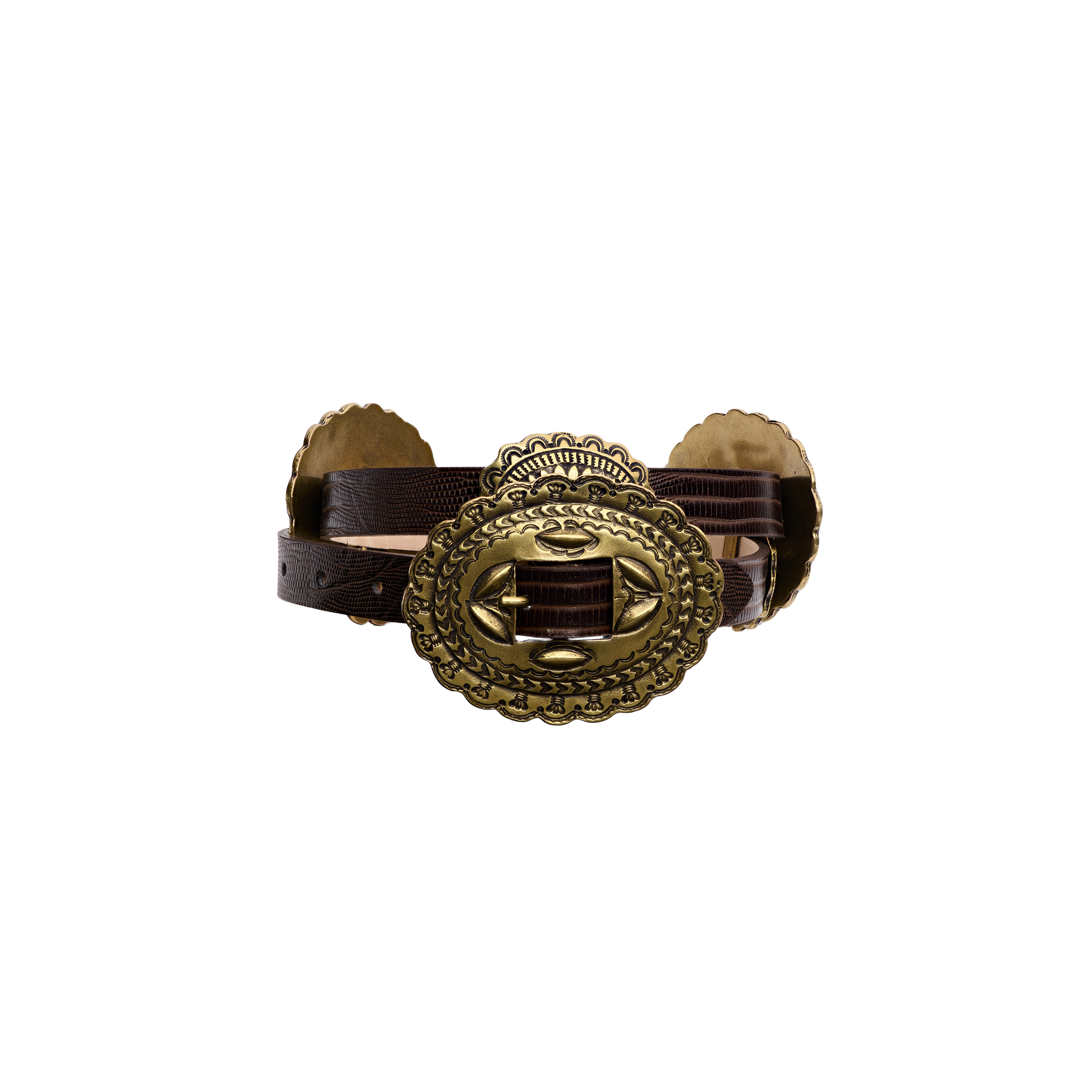 Rocha Leather Belt in dark brown lizard-embossed leather featuring an ornate, large oval brass buckle, handcrafted in LA.