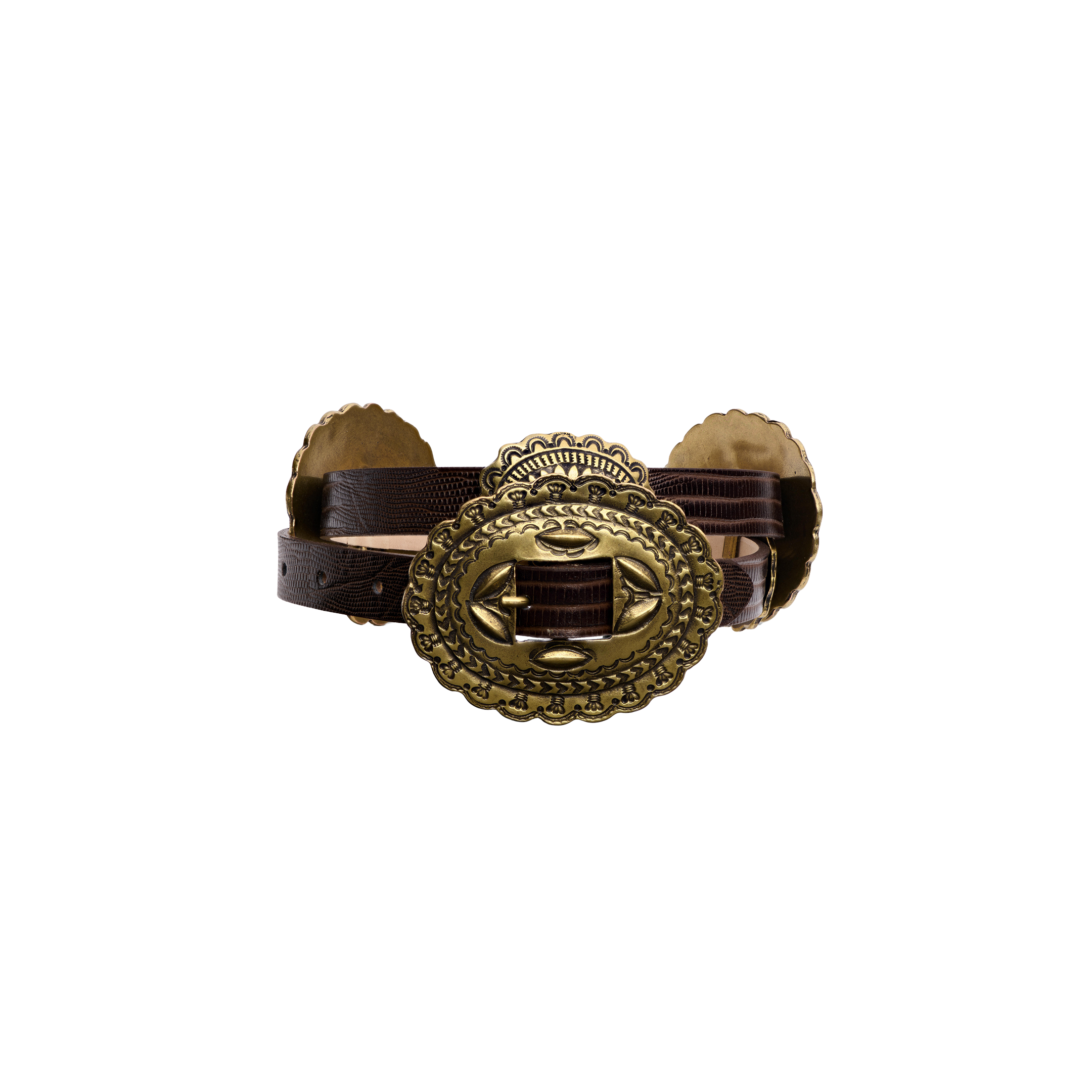 Rocha Leather Belt in dark brown lizard-embossed leather featuring an ornate, large oval brass buckle, handcrafted in LA.