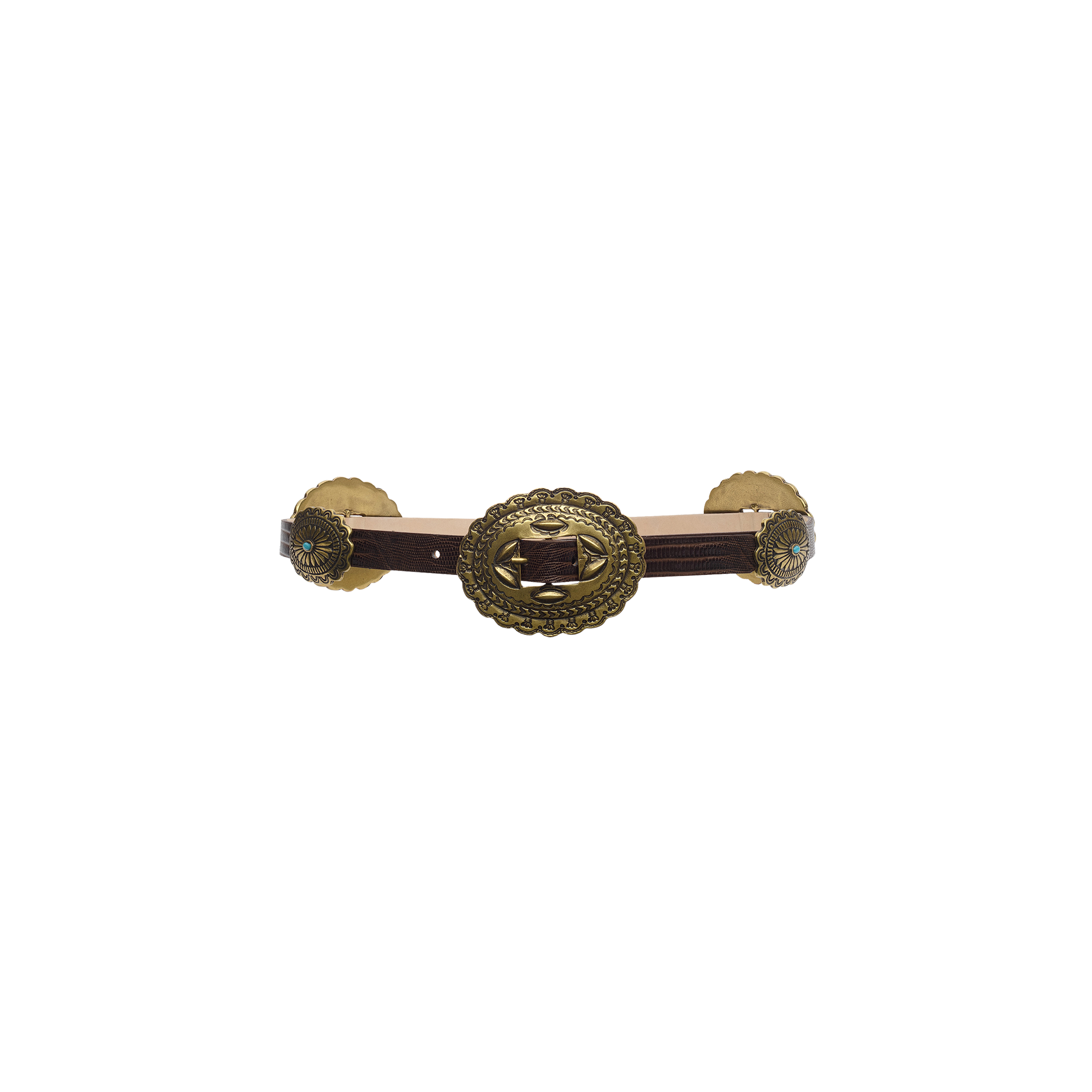 Rocha Leather Belt in brown lizard-embossed leather, featuring a large, ornate, gold-tone metal western-style buckle and decorative conchos.