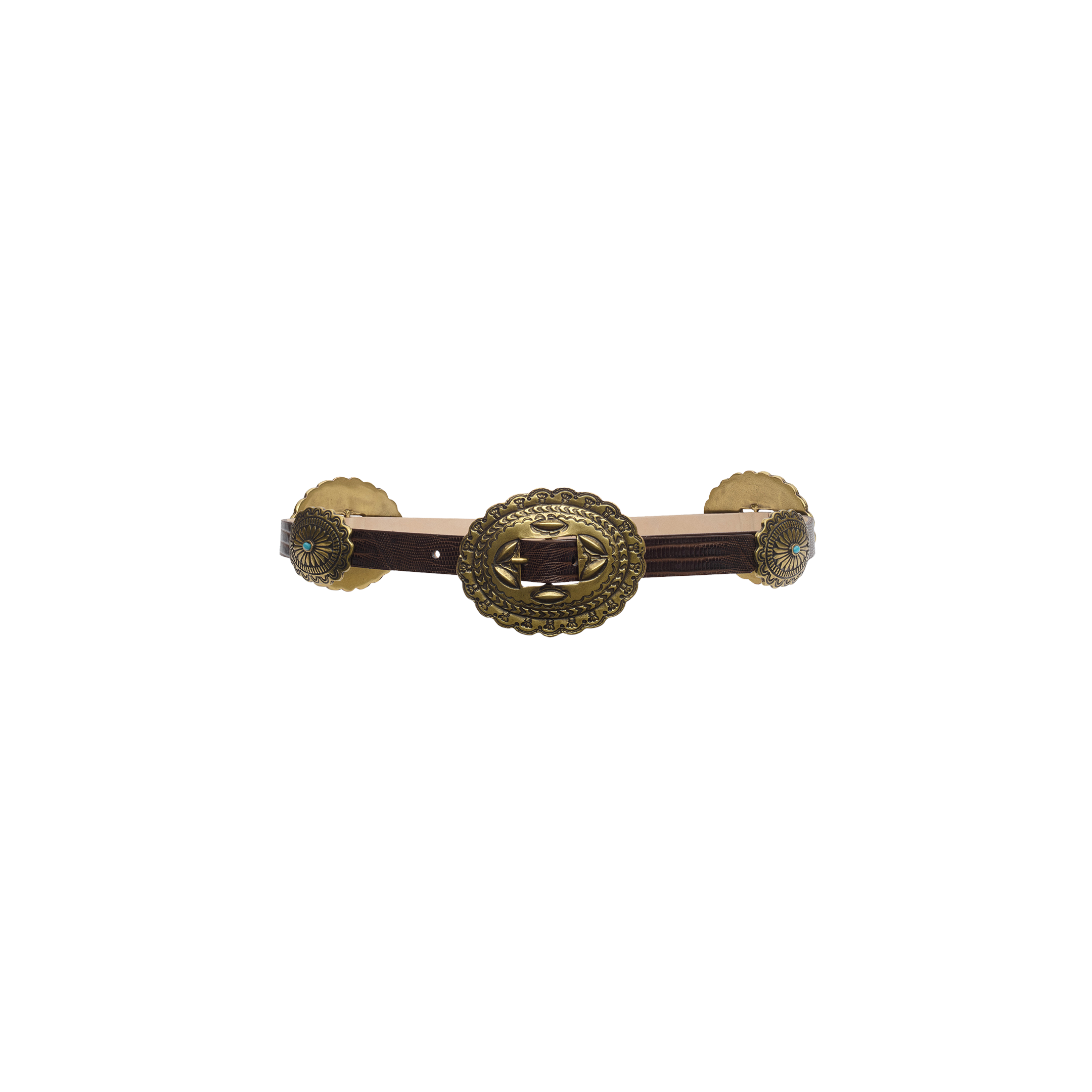 Rocha Leather Belt in brown lizard-embossed leather, featuring a large, ornate, gold-tone metal western-style buckle and decorative conchos.
