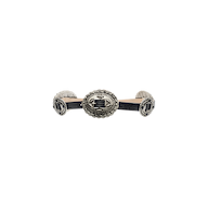 The Rocha Leather Belt features three ornate, oval-shaped decorative conchos with intricate patterns and raised detailing, reminiscent of traditional concho belt designs, all set on a dark leather band and displayed on a white background.