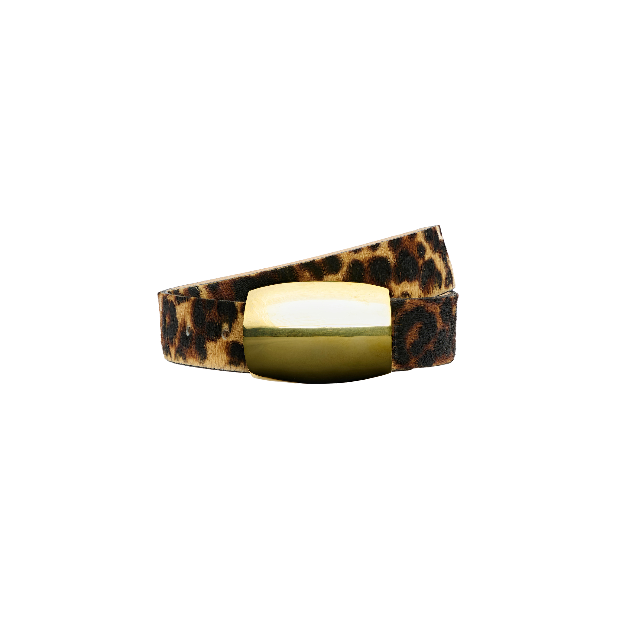 Handcrafted in LA, the Milou Belt is a leopard print Italian calf hair belt featuring a large, rectangular gold-tone metal buckle.