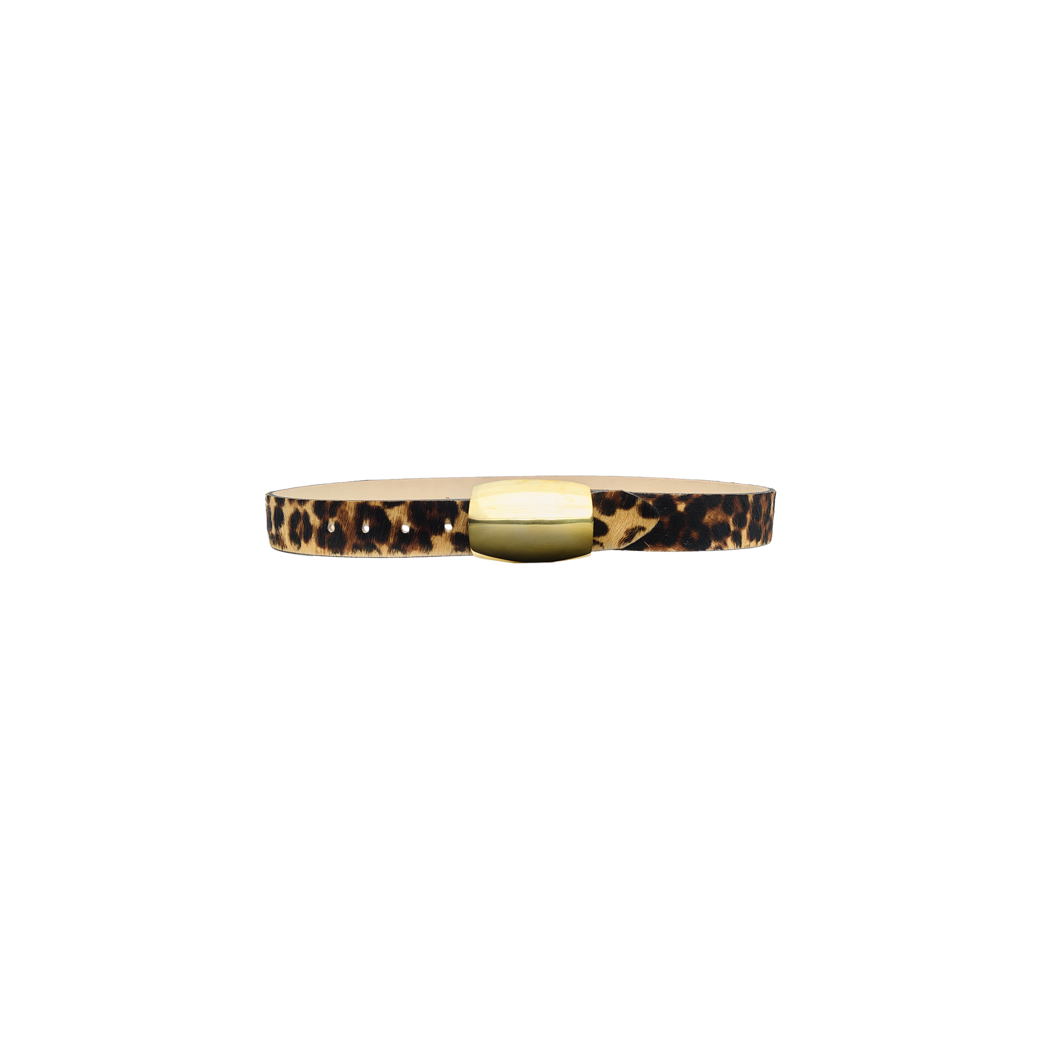 Handcrafted in LA, the Milou Belt is a leopard print Italian calf hair belt featuring a smooth, gold-toned rectangular buckle.