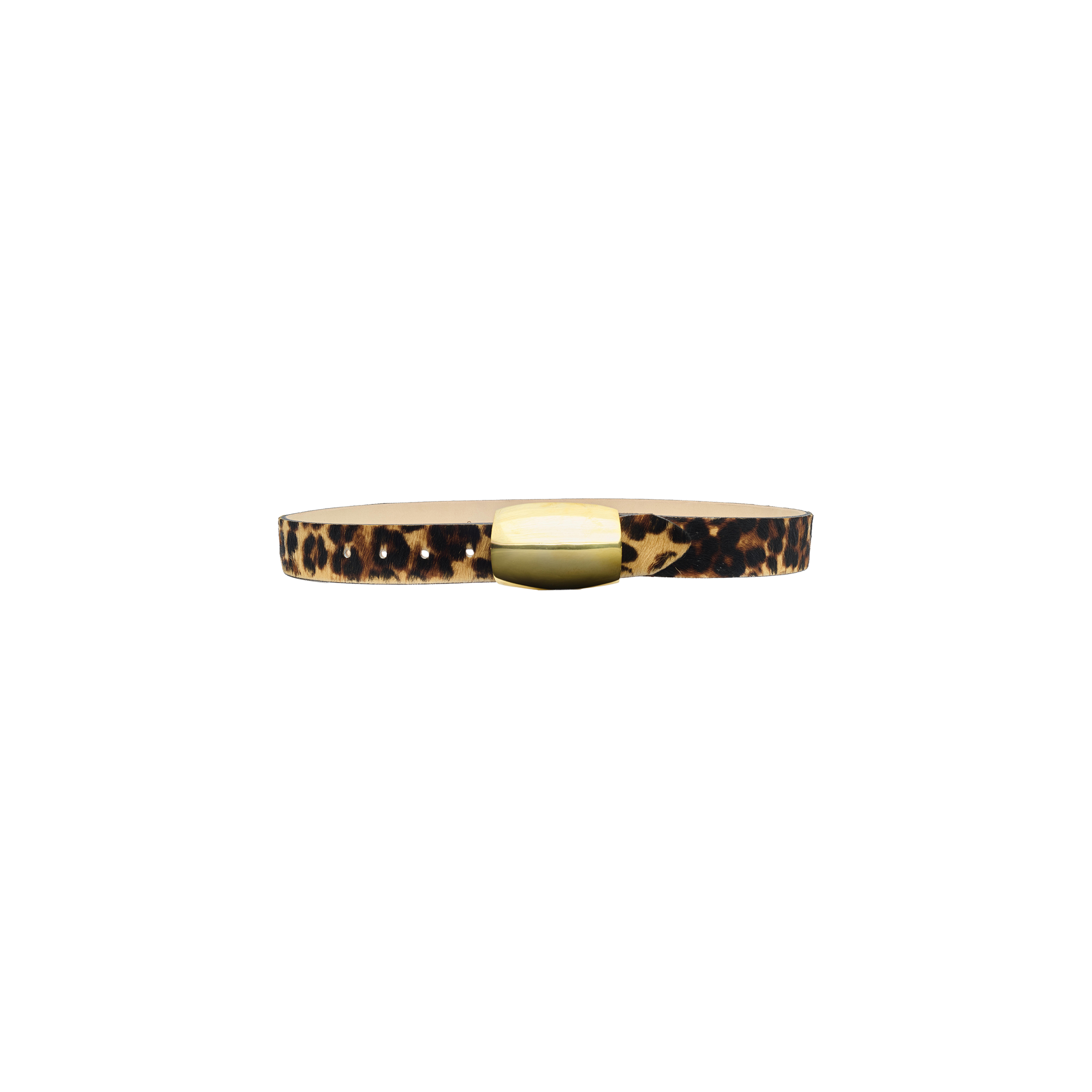 Handcrafted in LA, the Milou Belt is a leopard print Italian calf hair belt featuring a smooth, gold-toned rectangular buckle.