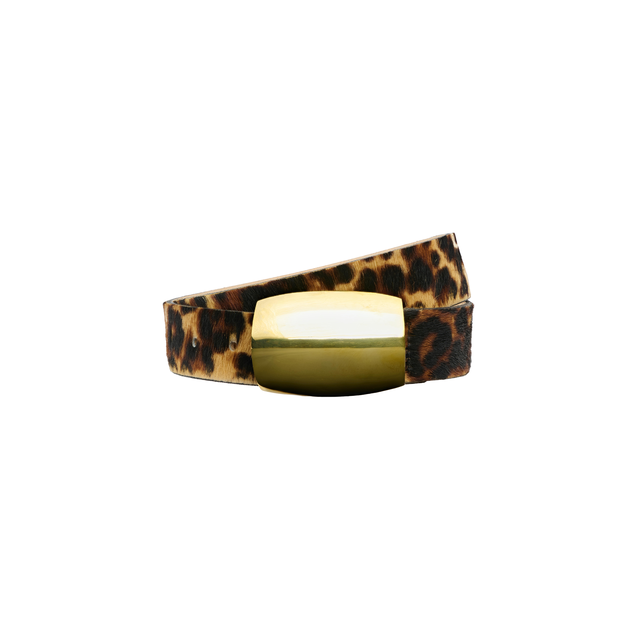 Milou belt in leopard print Italian calf hair with a large, rectangular gold-tone buckle.
