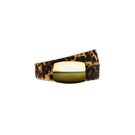 Milou belt in leopard print Italian calf hair with a large, rectangular gold-tone buckle.