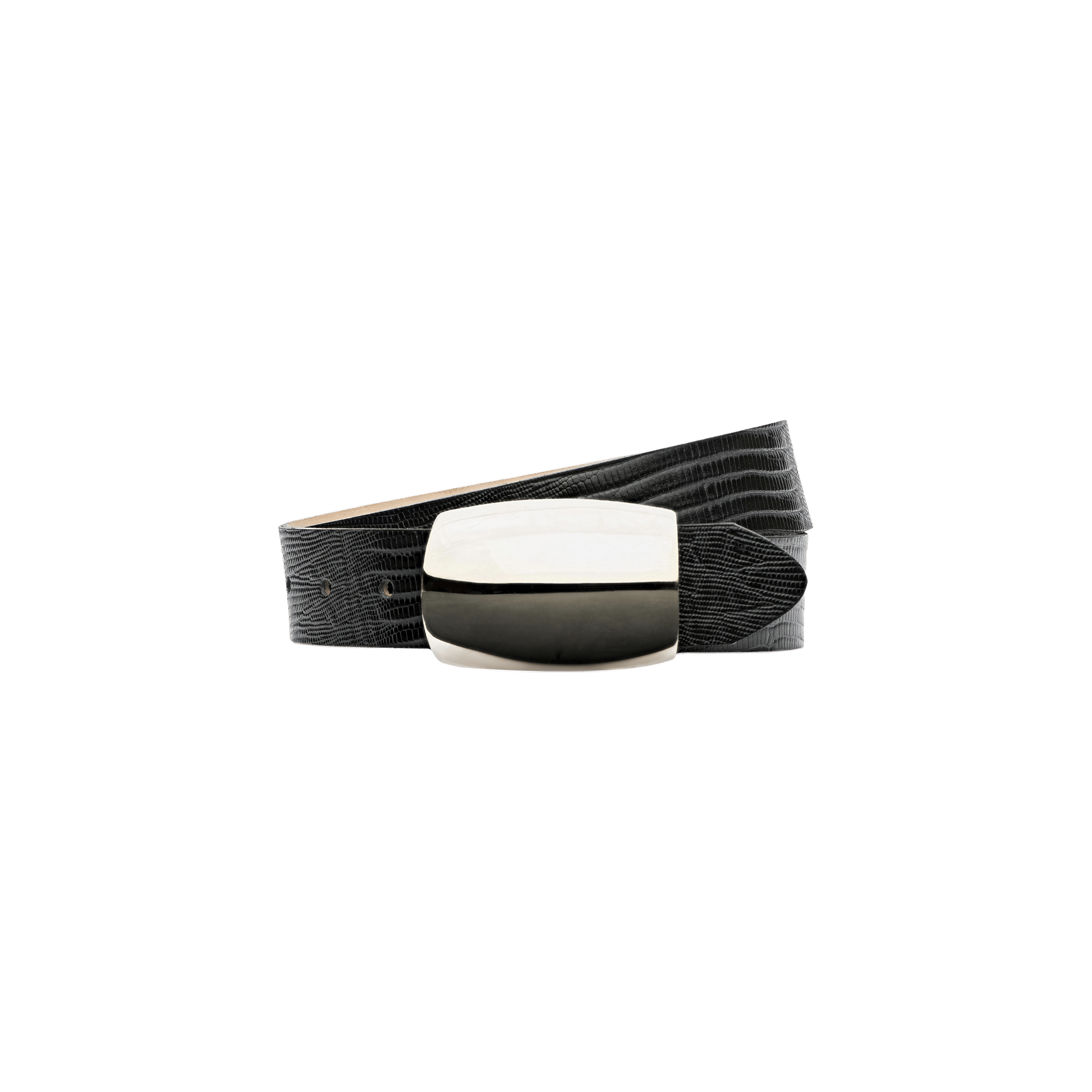 The Milou Belt, handcrafted in LA from premium Italian-sourced materials, features black lizard-embossed leather with a textured pattern and a shiny rectangular silver buckle, displayed against a plain white background.
