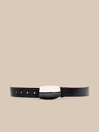 The Milou Belt, expertly handcrafted in LA, features a black lizard-embossed texture and is finished with a sterling silver-plated rectangular buckle, displayed against a plain beige background.