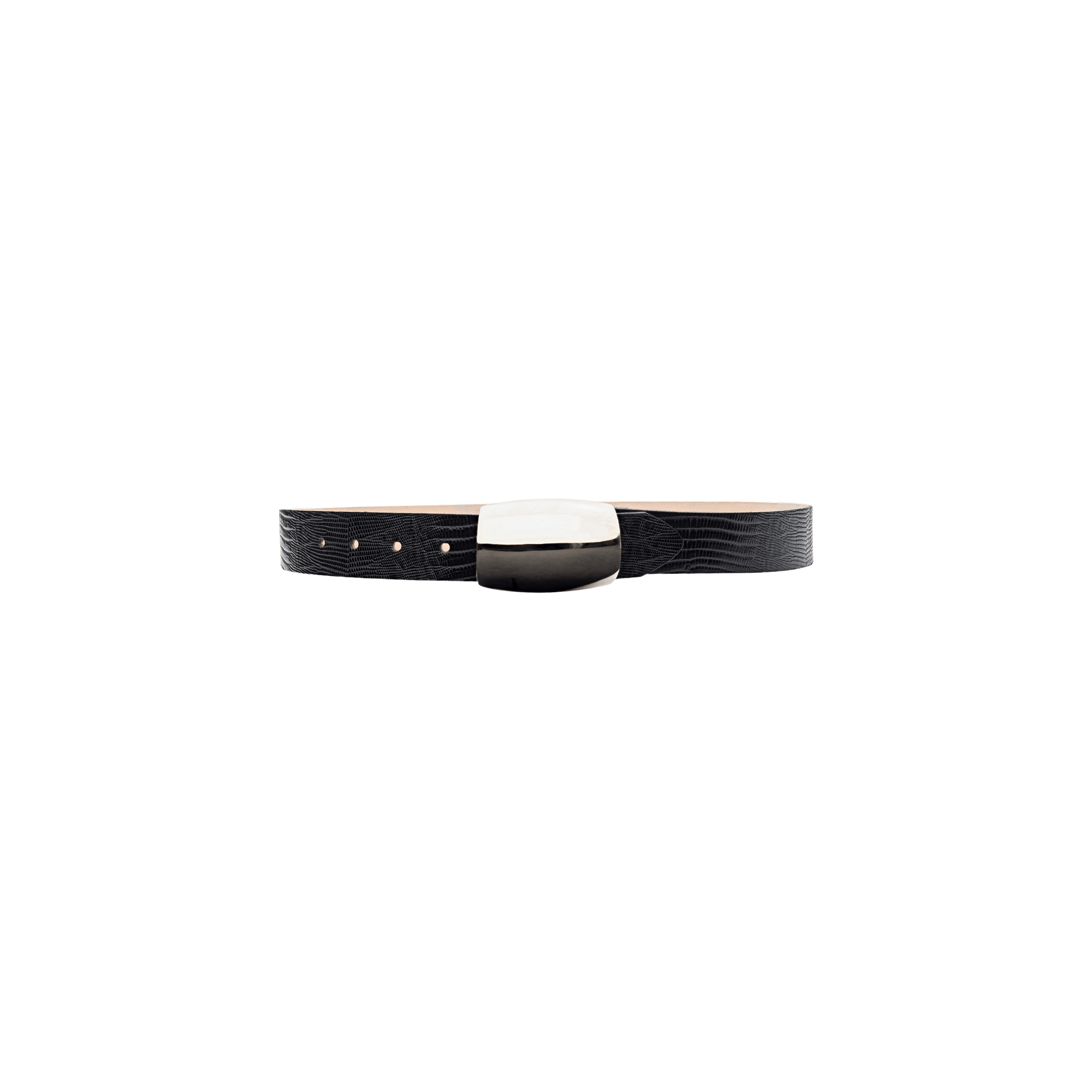 The Milou Belt, handcrafted in LA from premium Italian-sourced materials, features a black lizard-embossed texture and a sleek silver rectangular buckle, and is showcased against a plain white background.