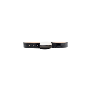 The Milou Belt, handcrafted in LA from premium Italian-sourced materials and finished in a black lizard-embossed texture, features a shiny silver rectangular buckle and is displayed flat against a plain white background.