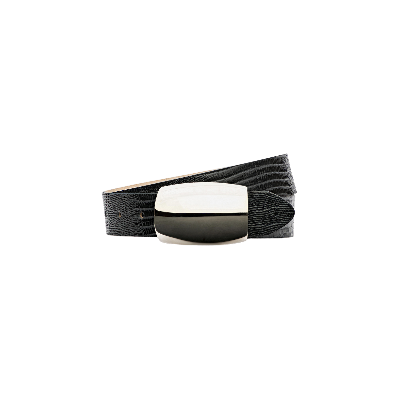 The Milou Belt, handcrafted in LA with a black lizard-embossed finish, features a textured pattern and a polished rectangular silver buckle, elegantly coiled in a loop against a plain white background.