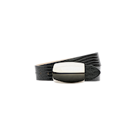 The Milou Belt, handcrafted in LA with a black lizard-embossed finish, features a textured pattern and a polished rectangular silver buckle, elegantly coiled in a loop against a plain white background.