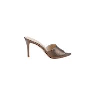The Lolita Leather Open-Toe Mule is a striking high-heeled shoe crafted from bronze lizard-embossed leather, featuring a textured finish, open toe, and a slim stiletto heel, displayed on a white background.