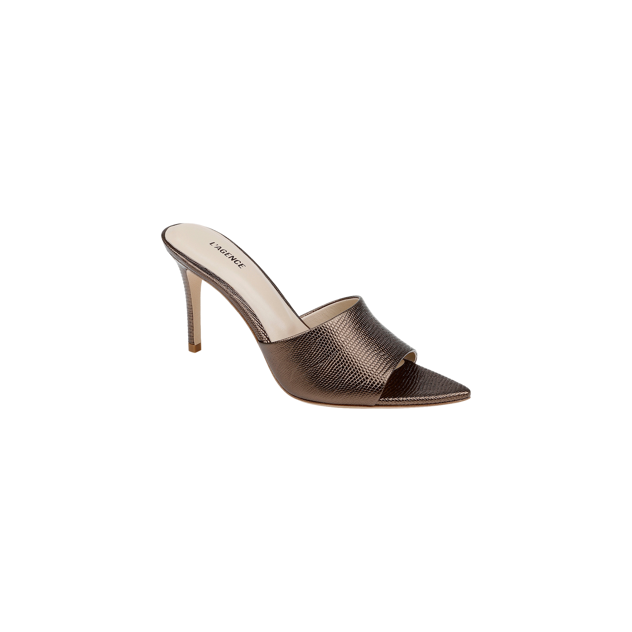 The Lolita Leather Open-Toe Mule, crafted from metallic bronze lizard-embossed leather with a textured finish, features a high heel and open toe design and is displayed against a plain white background.