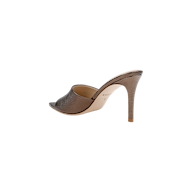 The Lolita Leather Open-Toe Mule, a brown high-heeled stiletto mule with a peep toe, crafted from bronze lizard-embossed leather, is shown from a rear side angle against a plain white background.