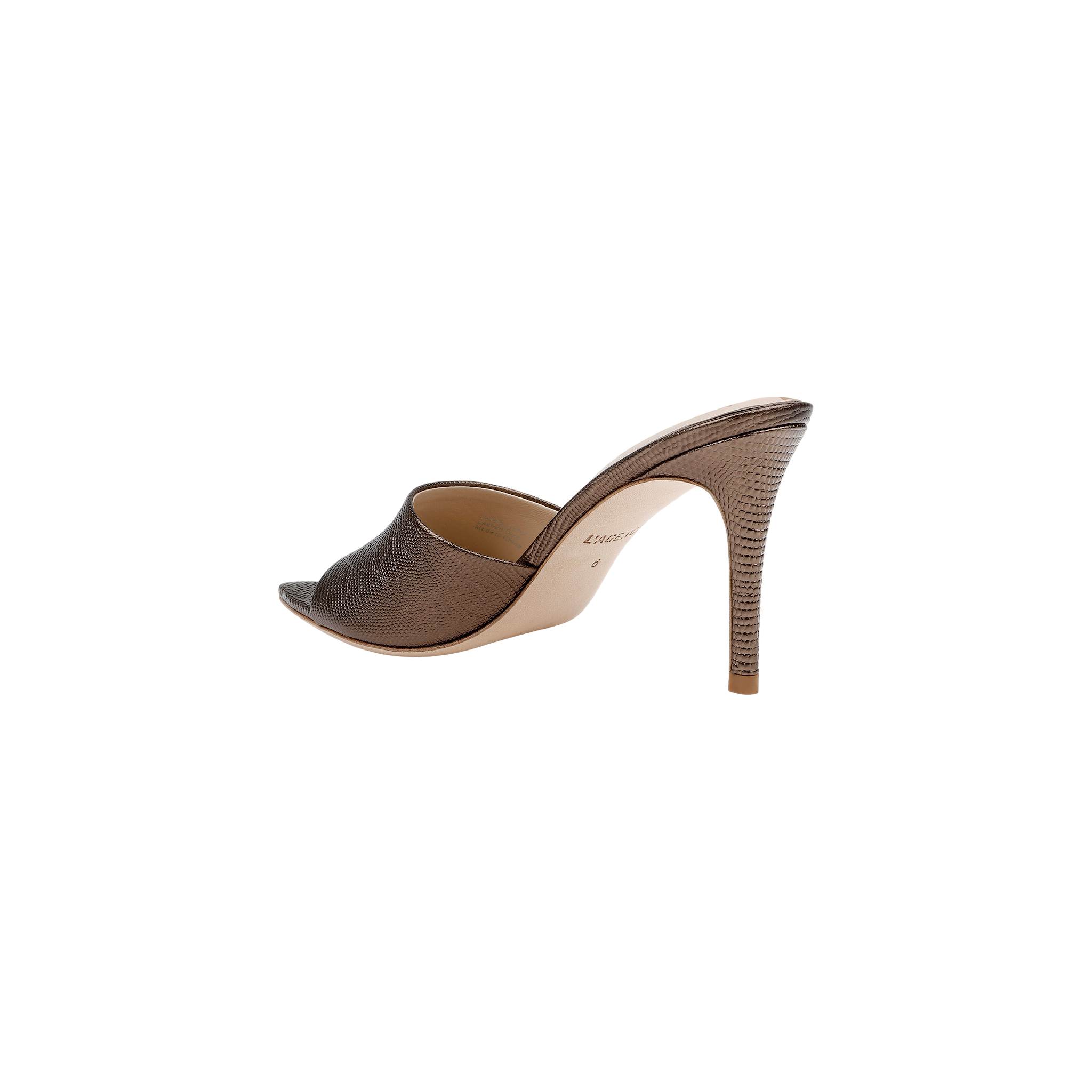 The Lolita Leather Open-Toe Mule, a brown high-heeled stiletto mule with a peep toe, crafted from bronze lizard-embossed leather, is shown from a rear side angle against a plain white background.