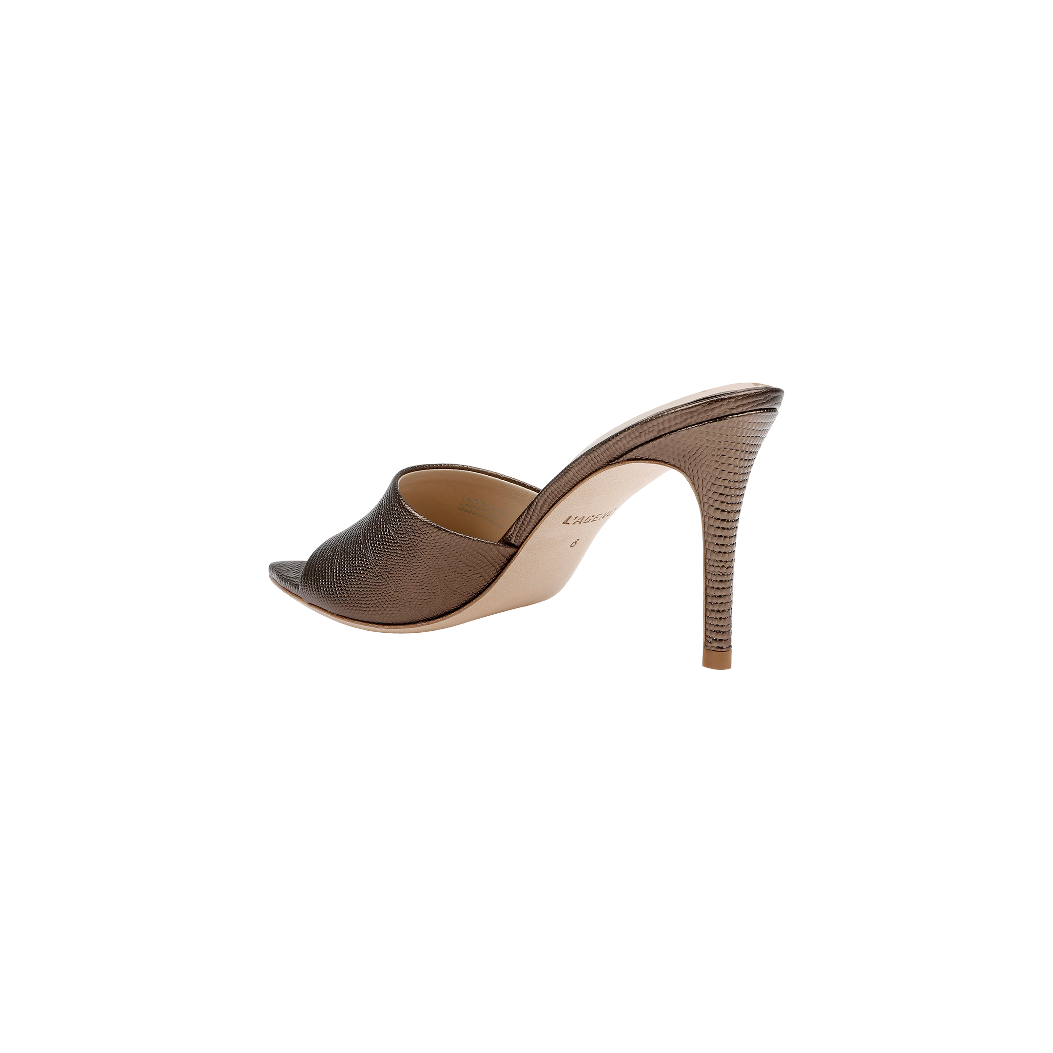 The Lolita Leather Open-Toe Mule, a brown high-heeled stiletto mule with a peep toe, crafted from bronze lizard-embossed leather, is shown from a rear side angle against a plain white background.