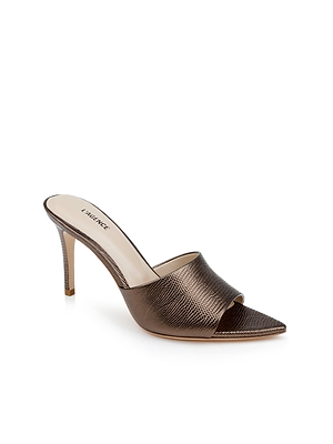 The Lolita Leather Open-Toe Mule features bronze lizard-embossed leather, a pointed toe, open back, high stiletto heel, and LAGENCE branding on the insole.
