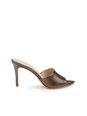 The Lolita Leather Open-Toe Mule in bronze lizard-embossed leather features an open toe and a high stiletto heel, shown against a white background.