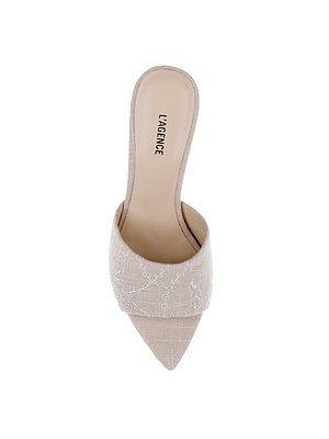 Top view of a single beige Lolita Linen Open-Toe Mule with delicate lace overlay, featuring a sleek stiletto heel and LARENCE branding on the insole, displayed against a plain white background.