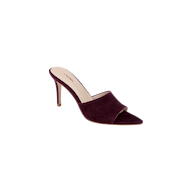 The Lolita Suede Open-Toe Mule, featuring a rich burgundy suede finish, pointed toe, stiletto heel, open back, and wide front strap, is displayed on a plain white background.