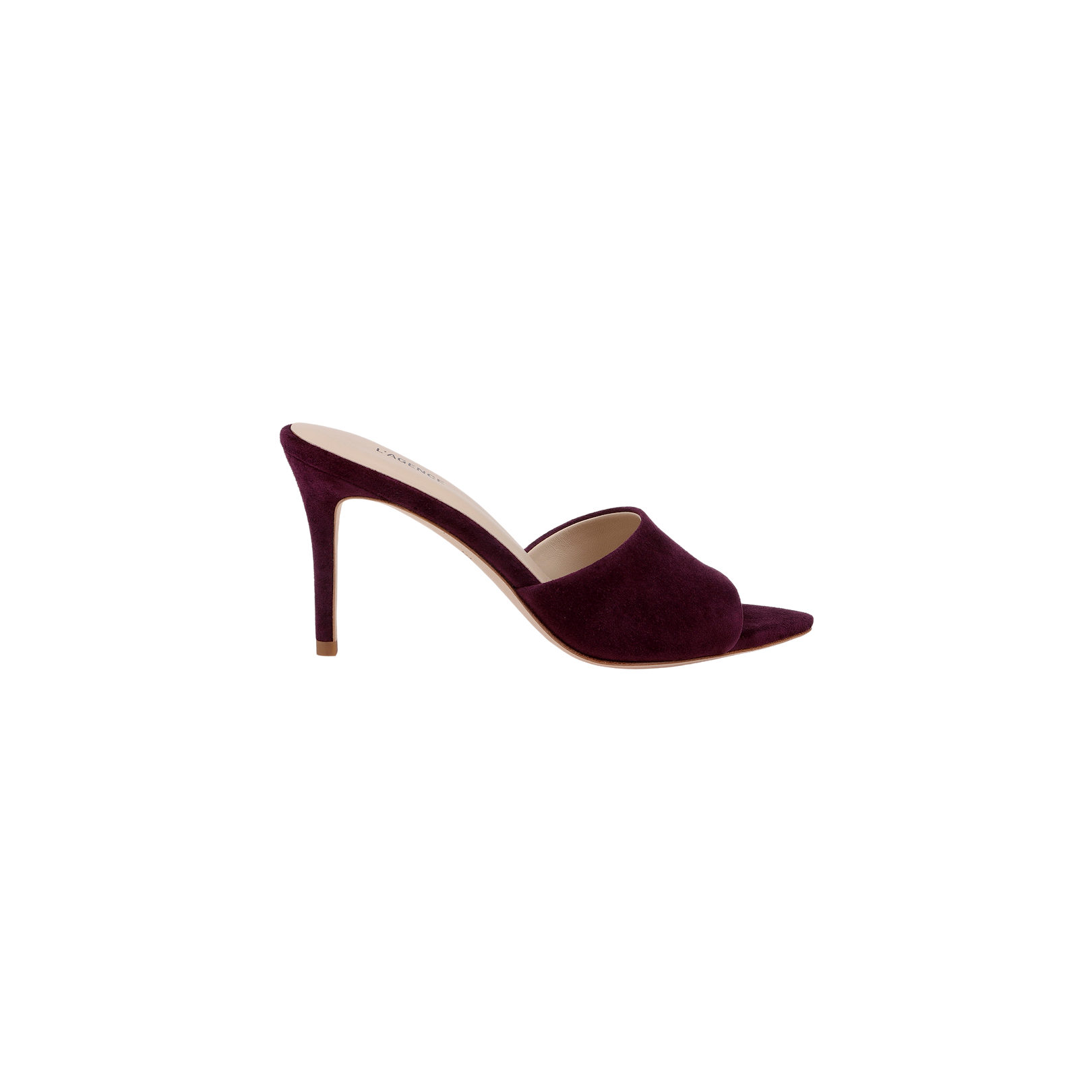 The Lolita Suede Open-Toe Mule in burgundy, featuring a stiletto heel, open toe, and beige insole, is displayed on a plain white background.