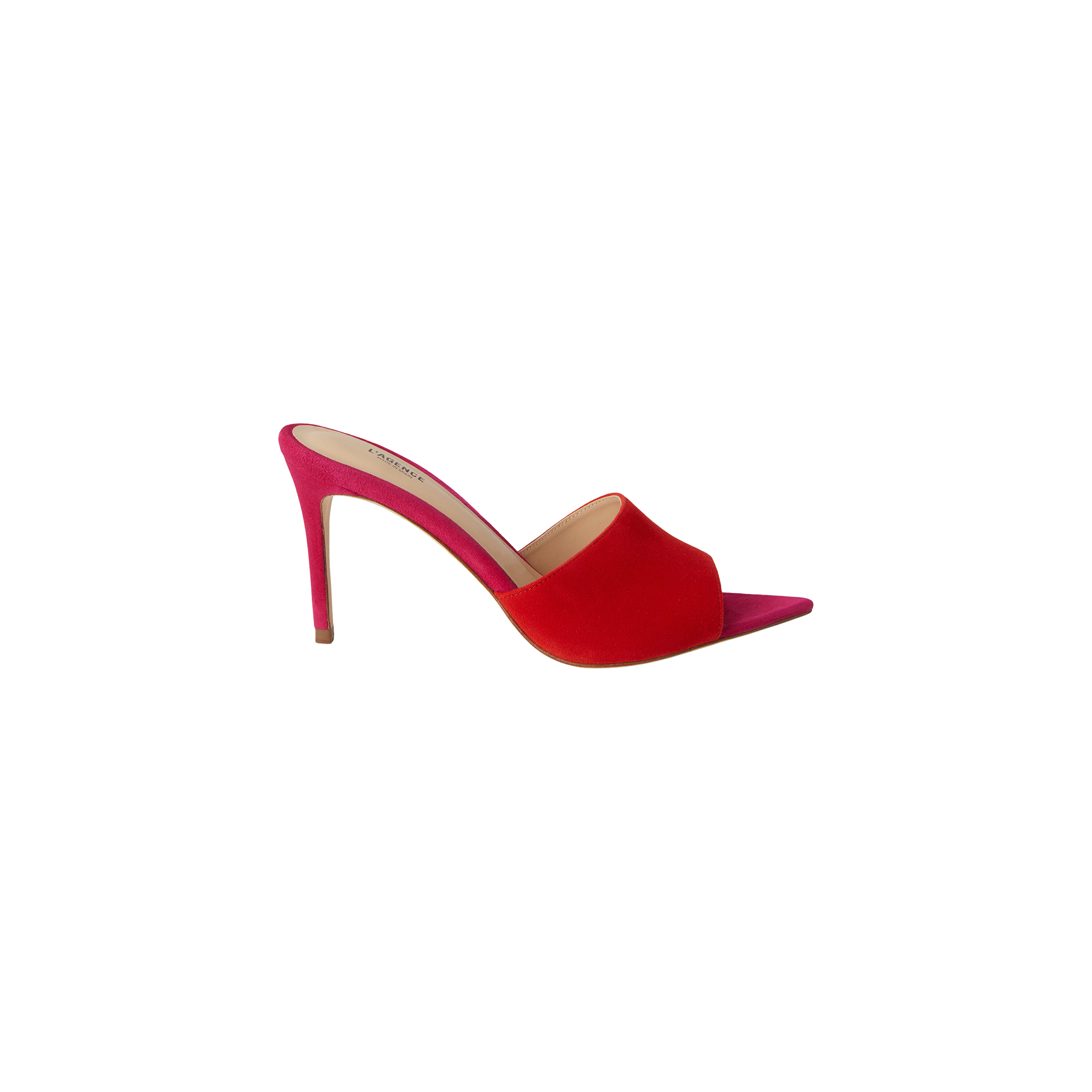 The Lolita Suede Open-Toe Mule, featuring a high heel, red suede upper, pointed toe, and a pink sole, is displayed on a plain white background.