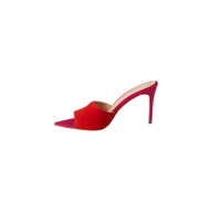 A single Lolita Suede Open-Toe Mule with a pointed toe, displaying a bold pink stiletto heel and a red front strap, is shown against a white background.