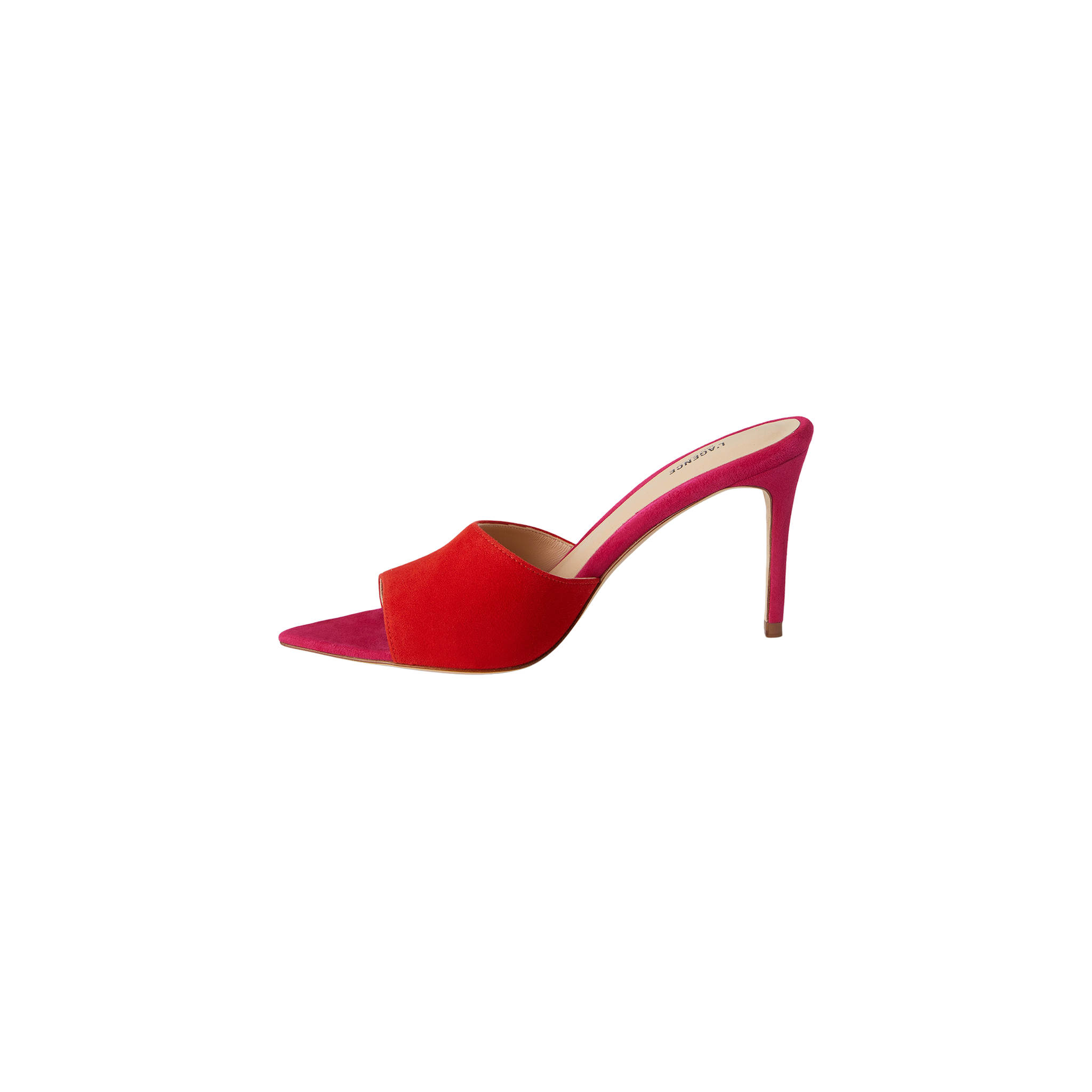 A single Lolita Suede Open-Toe Mule with a pointed toe, displaying a bold pink stiletto heel and a red front strap, is shown against a white background.